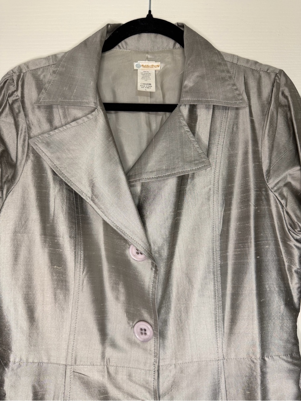 Vintage Silk Dupioni Belted Trench Coat Sz L Silver Taupe Shimmer Made in USA - Picture 2 of 10